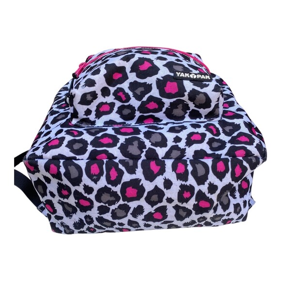 Yak Pak  Heart Pink Grey Black Leopard Print Backpack 16"x12"  Exterior Pocket - Picture 4 of 10
